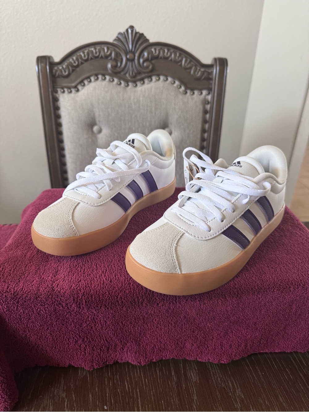 adidas White Sneakers with Purple Stripes and Gum Sole